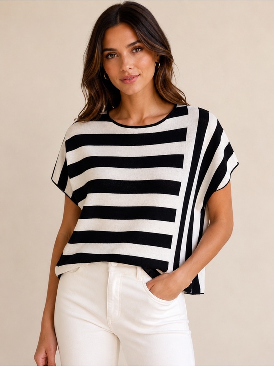 Theory Tops - Theory Black White Striped Knit Top Medium Boxy Short Sleeve Sweater Minimalist